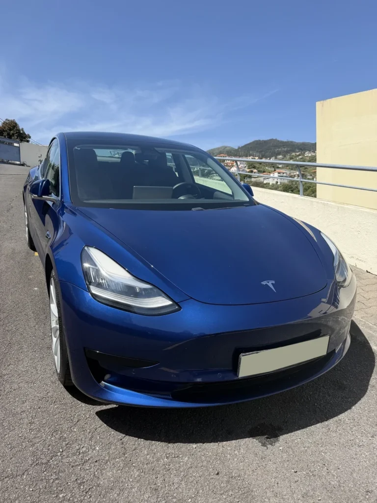 Front view of the Tesla Model 3 available for rent in Madeira
