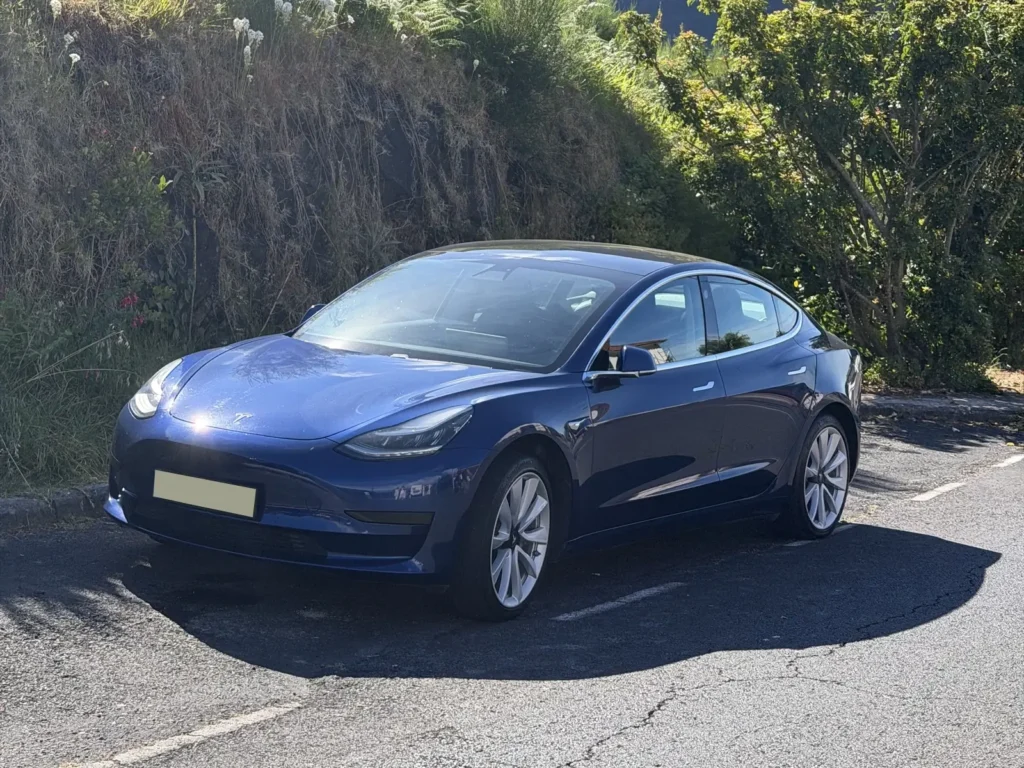 Tesla Model 3 rental car on a mountain road in Madeira